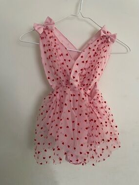 Pink Heart Print Tulle Kids Dress with Bows